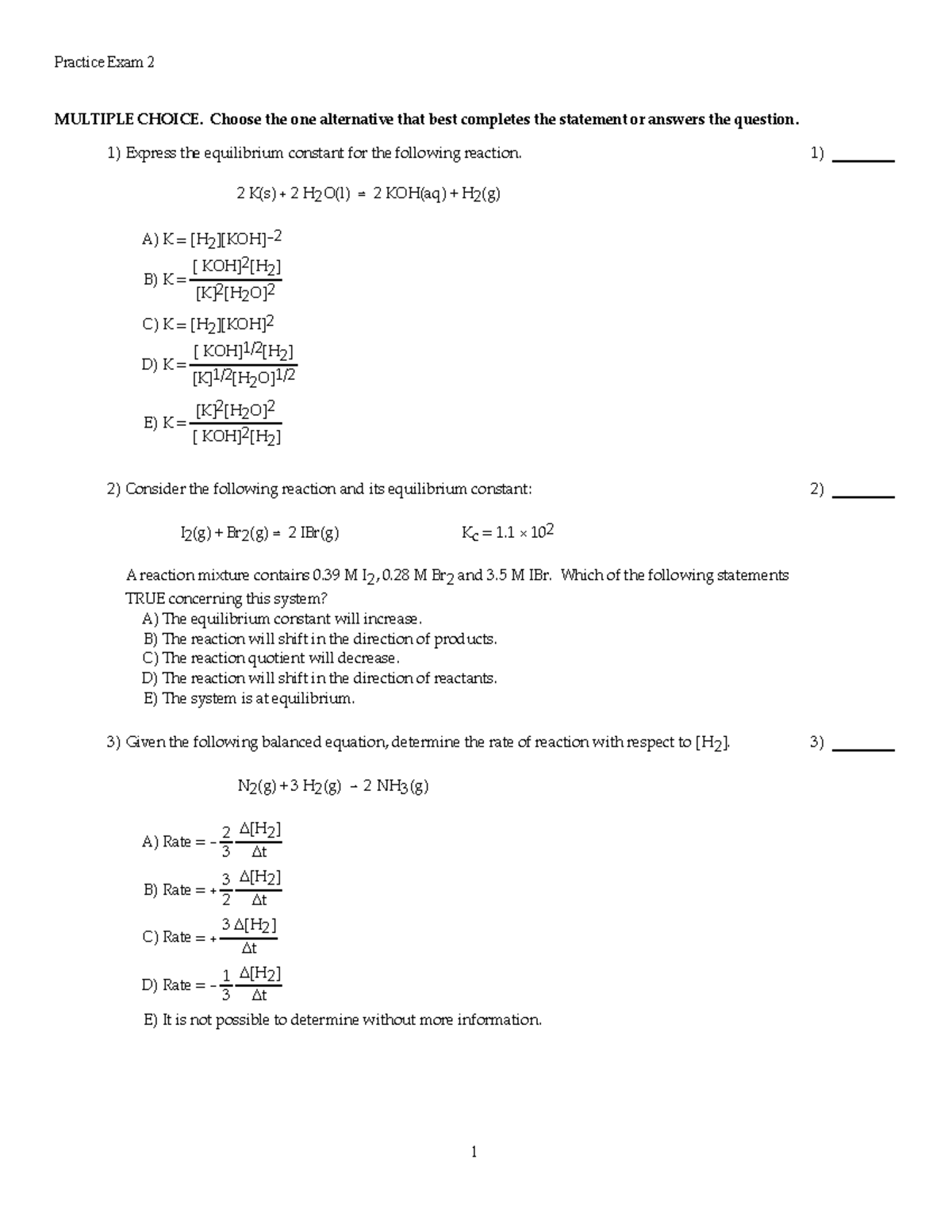 CHM 1020 Practice Exam 2 - Practice Exam 2 MULTIPLE CHOICE. Choose the ...