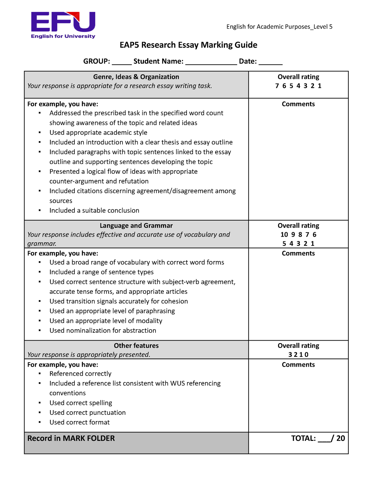 english essay marking guide