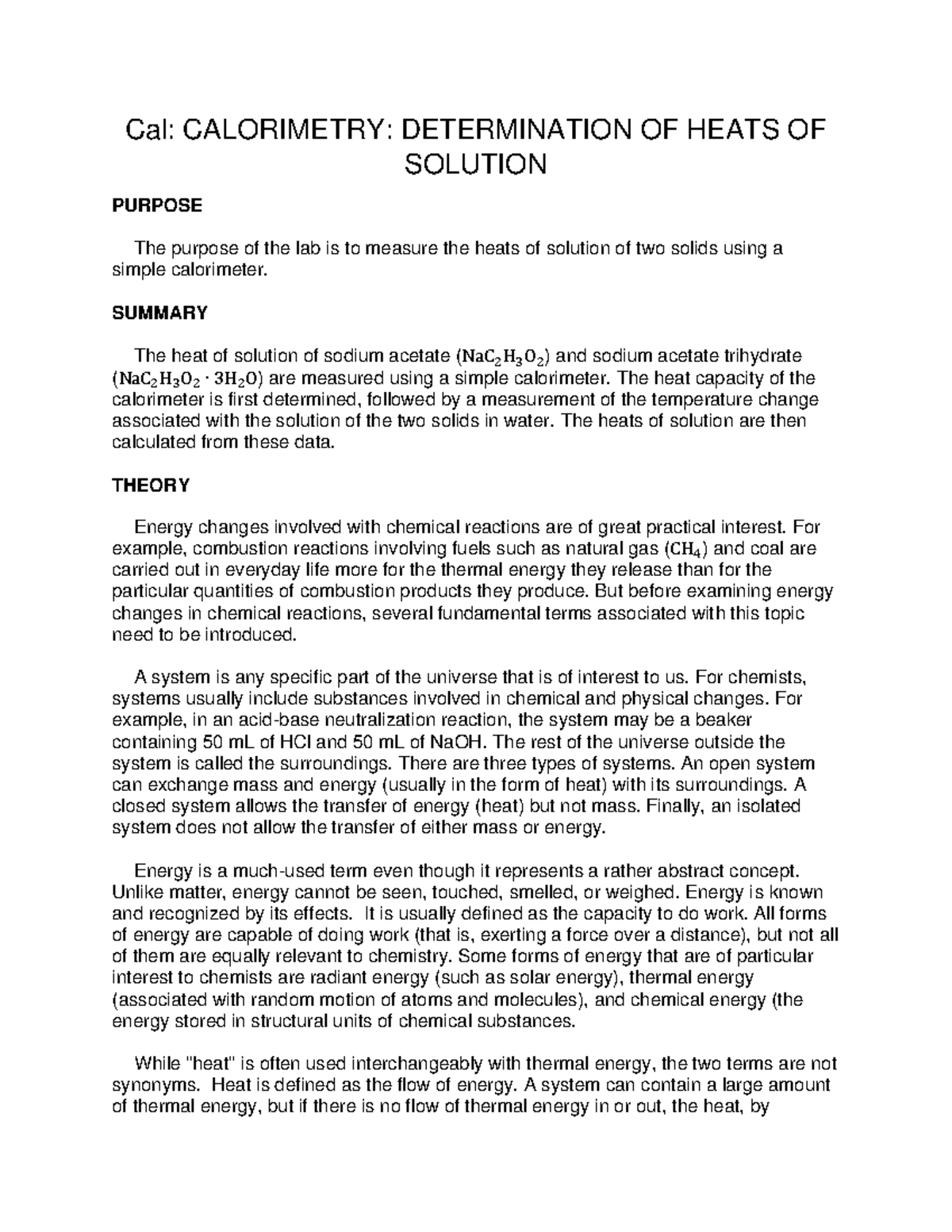 Lab Manual Calorimetry Cal CALORIMETRY DETERMINATION OF HEATS OF