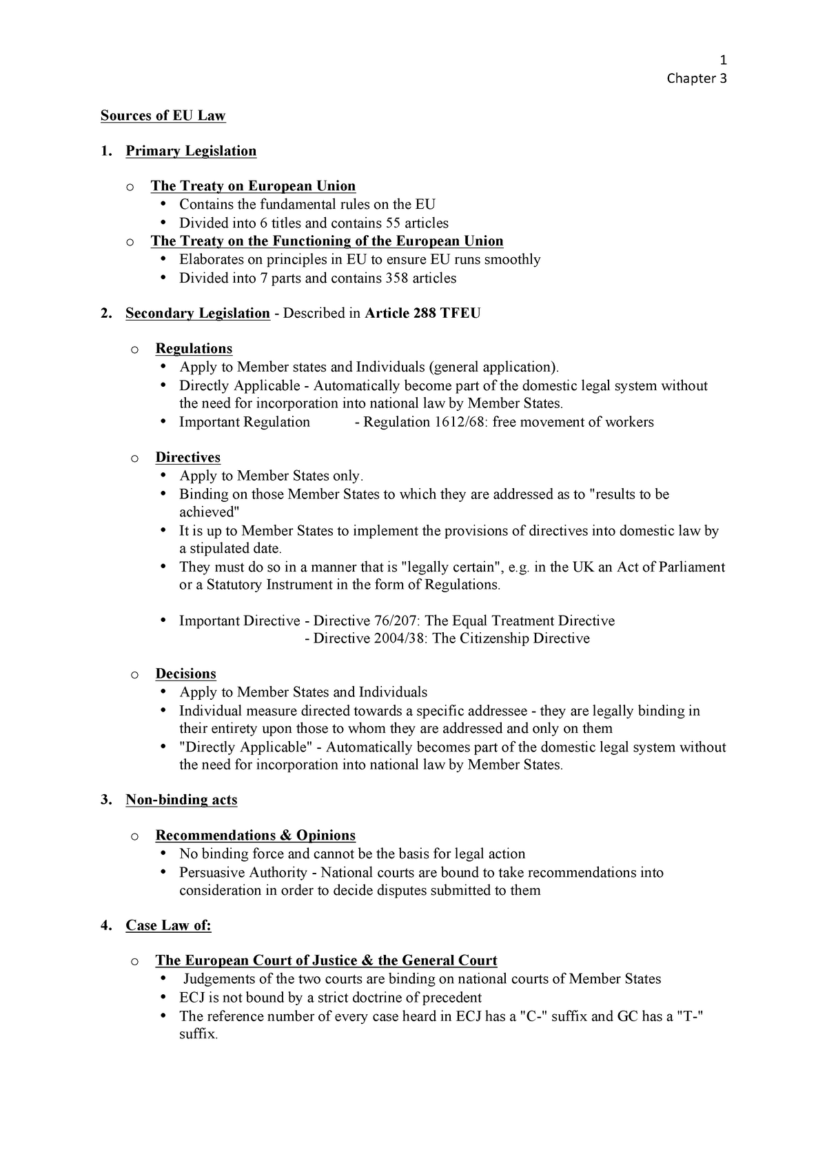 Sources Of EU Law - European Union Law Revision Notes - 1 Chapter 3 ...