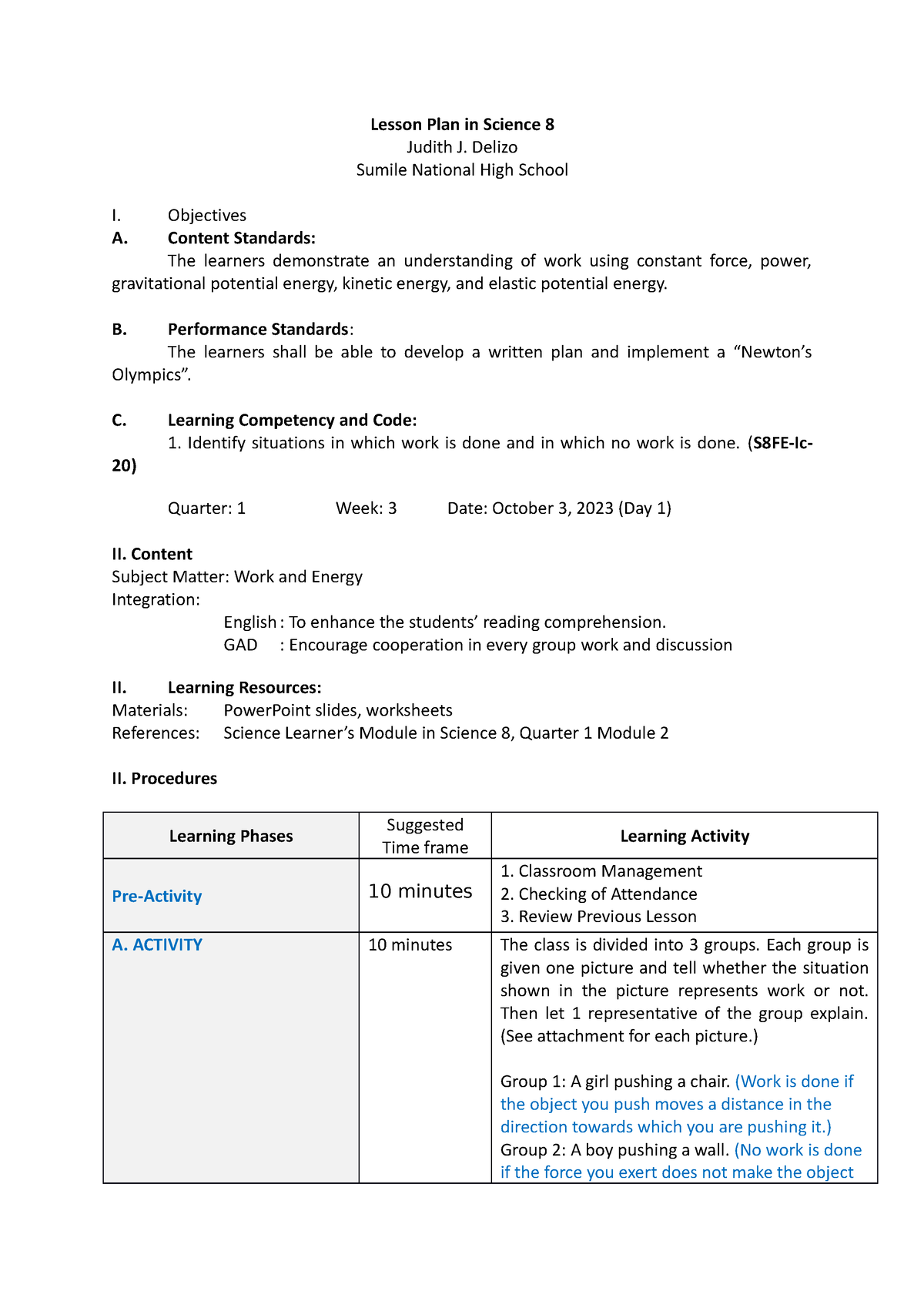 Science 8 Q1 W3 D1 - Work and Energy LP - Lesson Plan in Science 8 ...