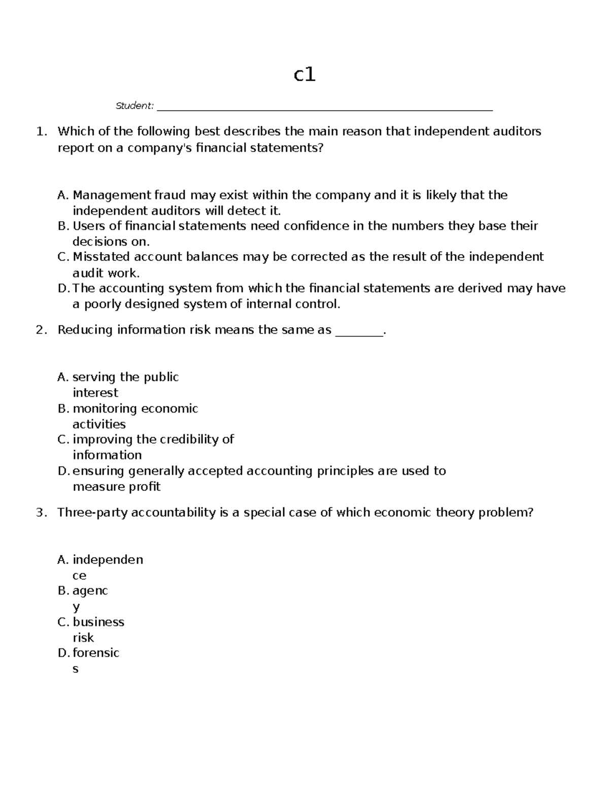 Auditing Chapter 1 Answer Key For Test Bank - C _Student: - Studocu