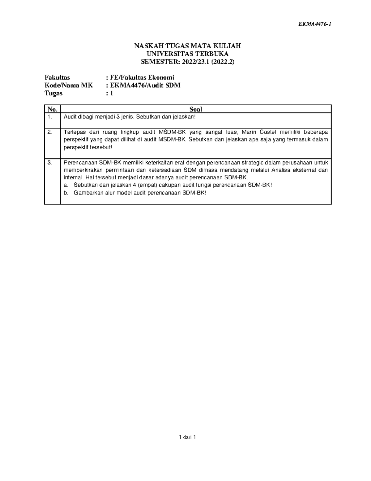 Soal Ekma4476 Tmk1 1 - Soal Audit SDM UT - EKMA4476- 1 Dari 1 NASKAH ...