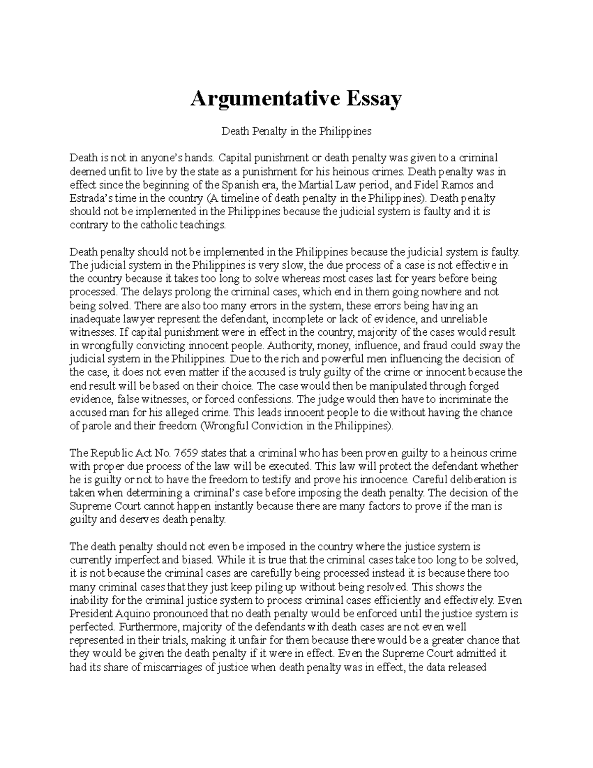 argumentative essay about pro death penalty in the philippines