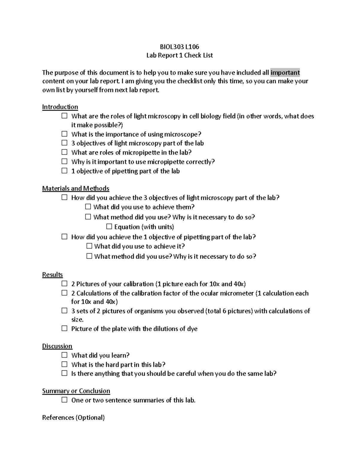 Lab report 1 cheklist - BIOL303 L Lab Report 1 Check List The purpose ...