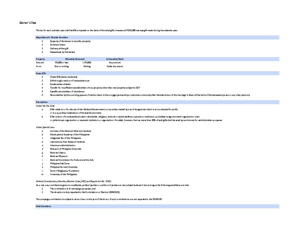 Taxation Spreadsheet (pinnacle) - Donor's Tax - Donor's Tax The Tax For 