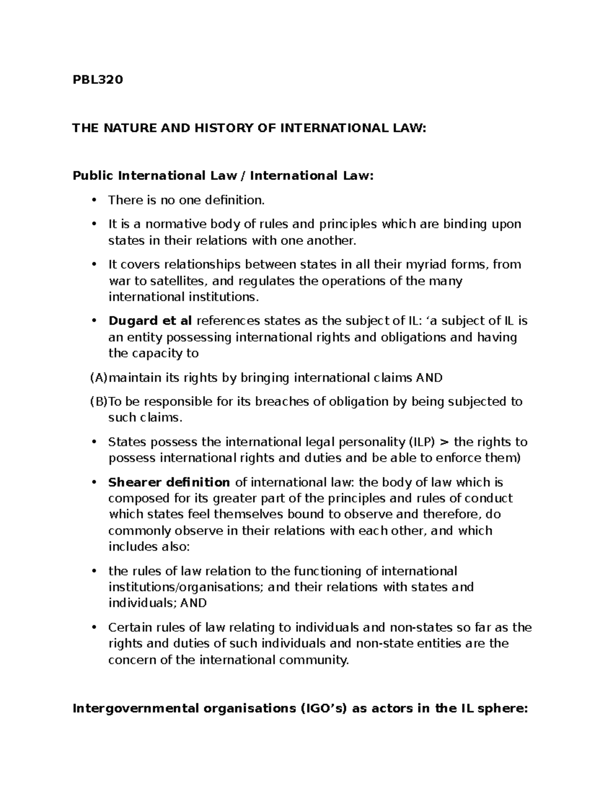 PBL320 - Theme 1 Notes - PBL THE NATURE AND HISTORY OF INTERNATIONAL ...