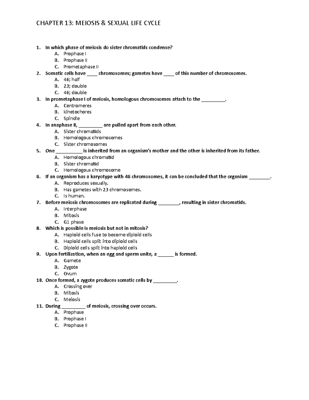 Ch 13 Exam Review Worksheet (Meiosis) - CHAPTER 13: MEIOSIS & SEXUAL ...