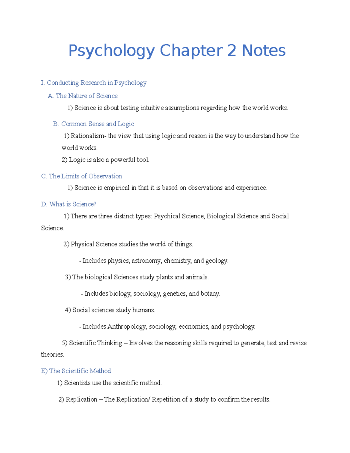 Psychology Chapter 2 Notes - Psychology Chapter 2 Notes I. Conducting ...