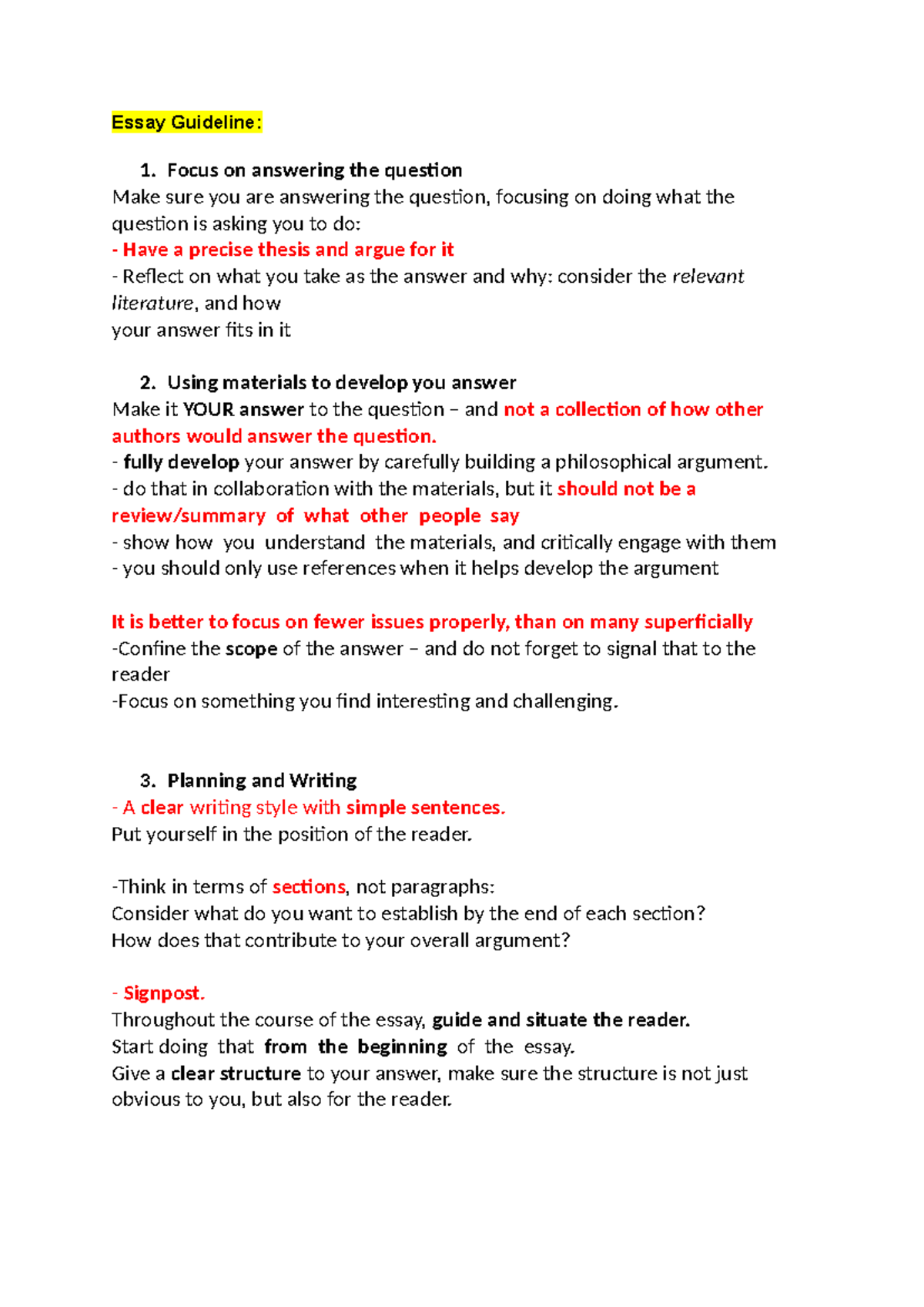 Essay Guideline - note - Essay Guideline: 1. Focus on answering the ...