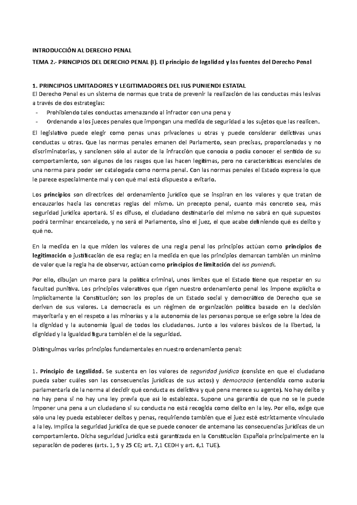 Tema 2 Derecho Penal IntroducciÓn Al Derecho Penal Tema 2 Principios Del Derecho Penal I 6538