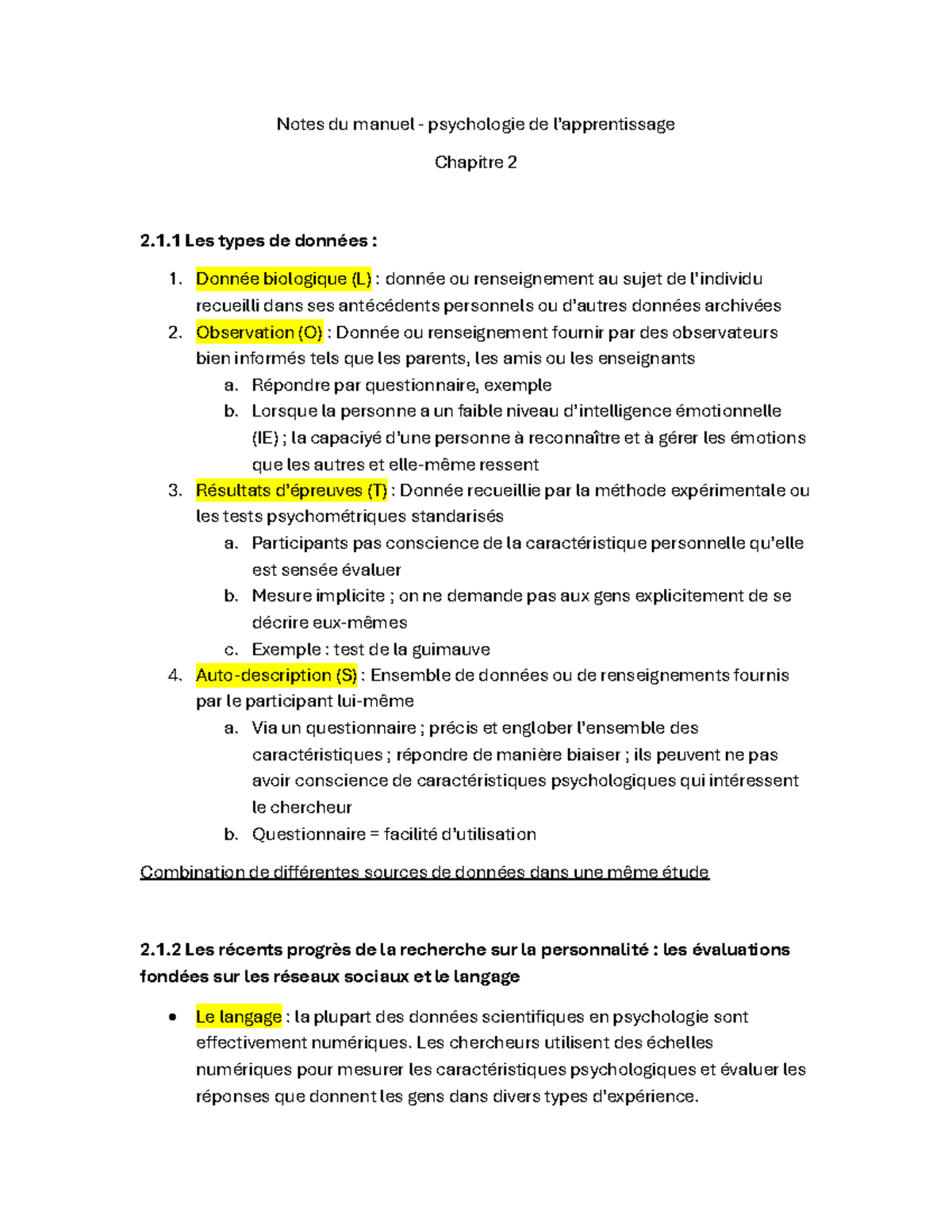 Notes du manuel - chapitre 2 - Notes du manuel - psychologie de l ...