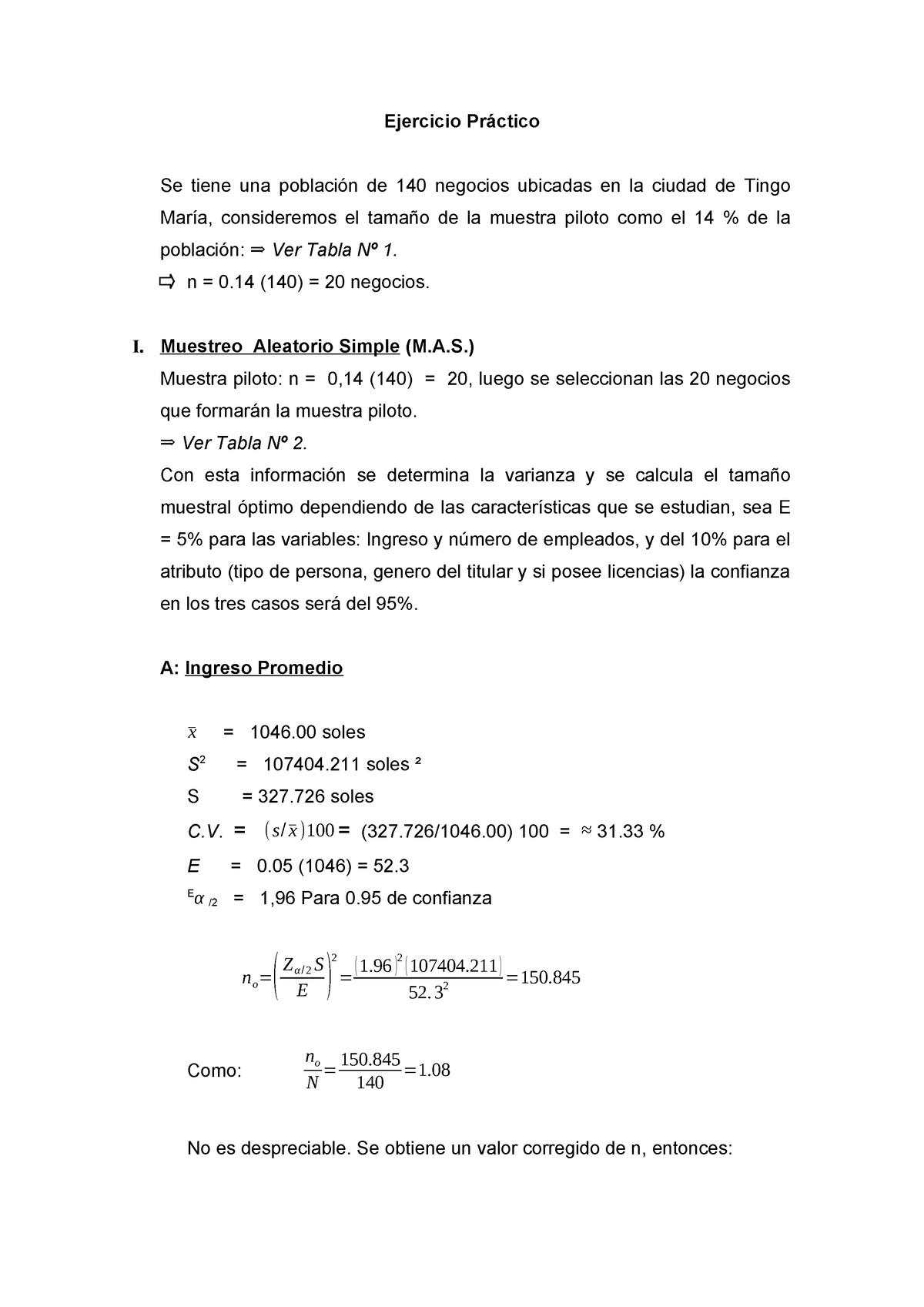 Ejercicio Práctico Muestreo Aleatorio Simple Muetreo Estratificado Ejercicio Práctico Se 4784