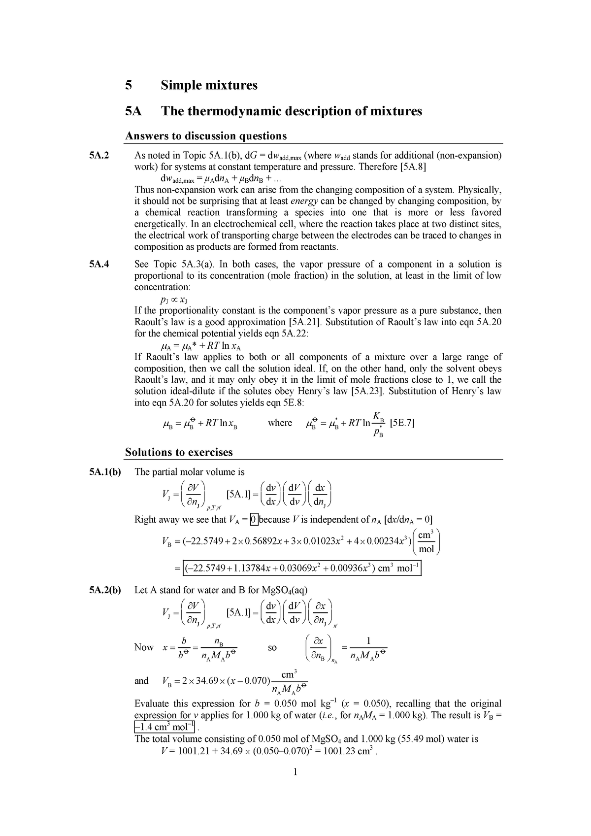 Pchem 10e Solutions Ch05 - 5 Simple Mixtures 5A The Thermodynamic ...