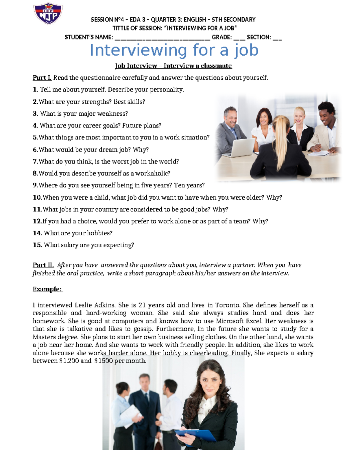 The world of work a job interview and writing an a conversation topics ...