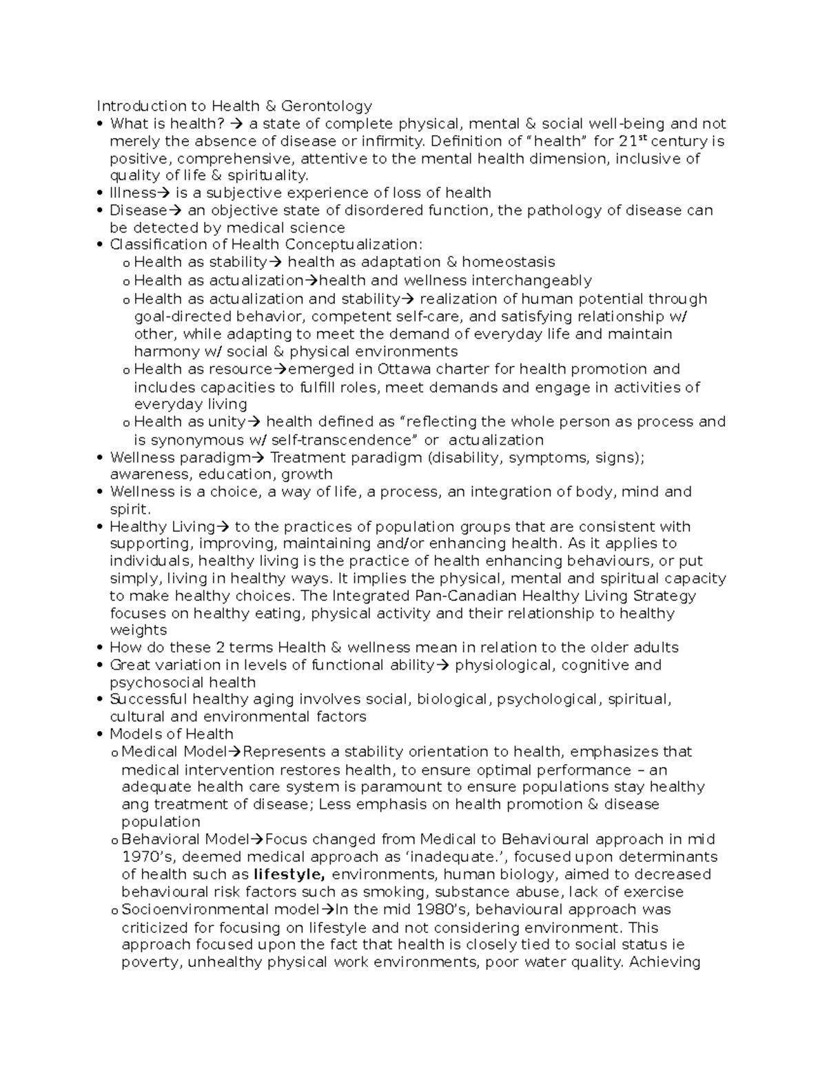 Test # 1 review - Lecture notes 1-4 - Introduction to Health ...