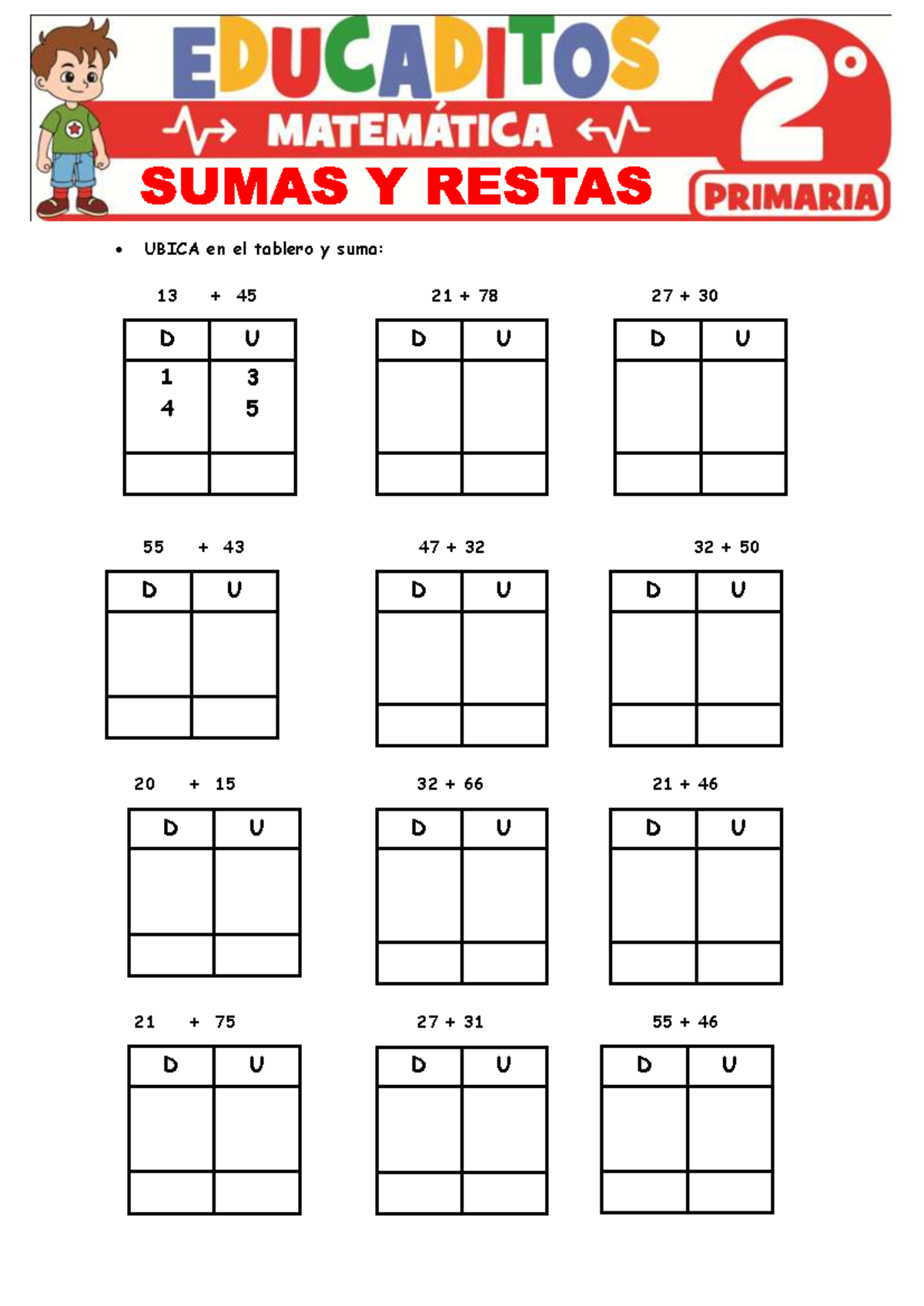 Sumas y Restas para Segundo Grado de Primaria - Educaditos 55 + 43 47 ...
