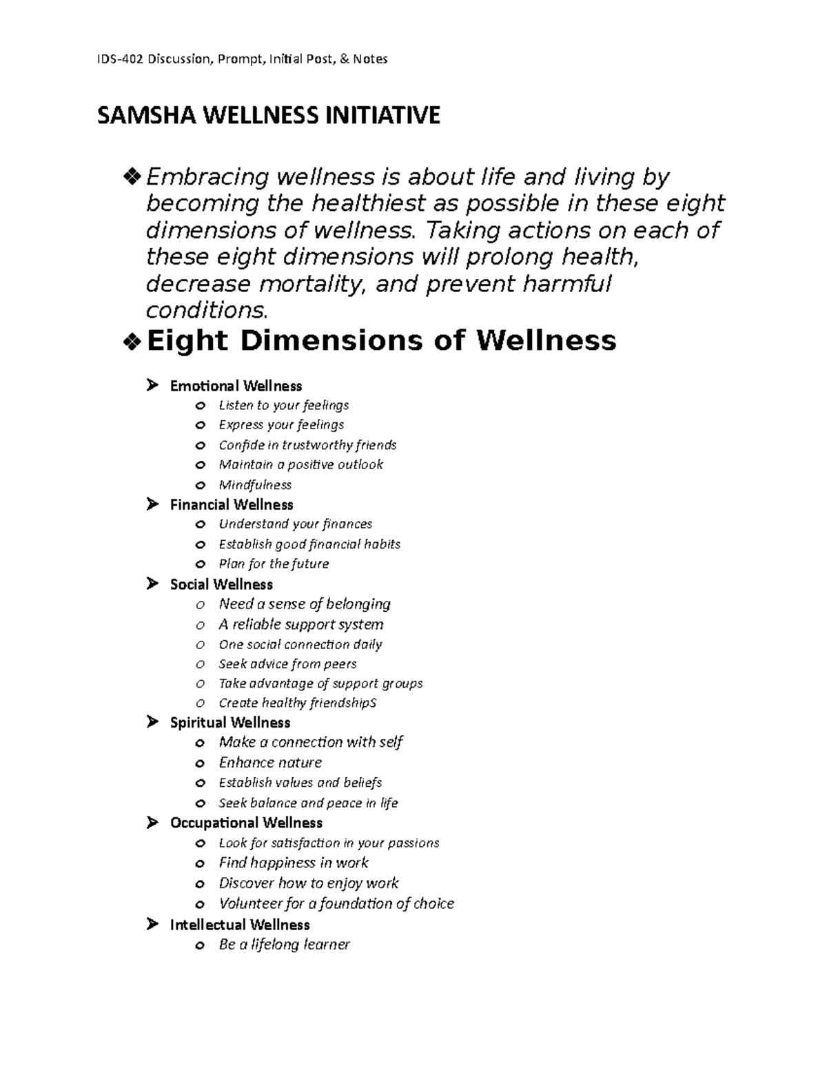 IDS 402 Discussion - SAMSHA WELLNESS INITIATIVE Embracing wellness is ...