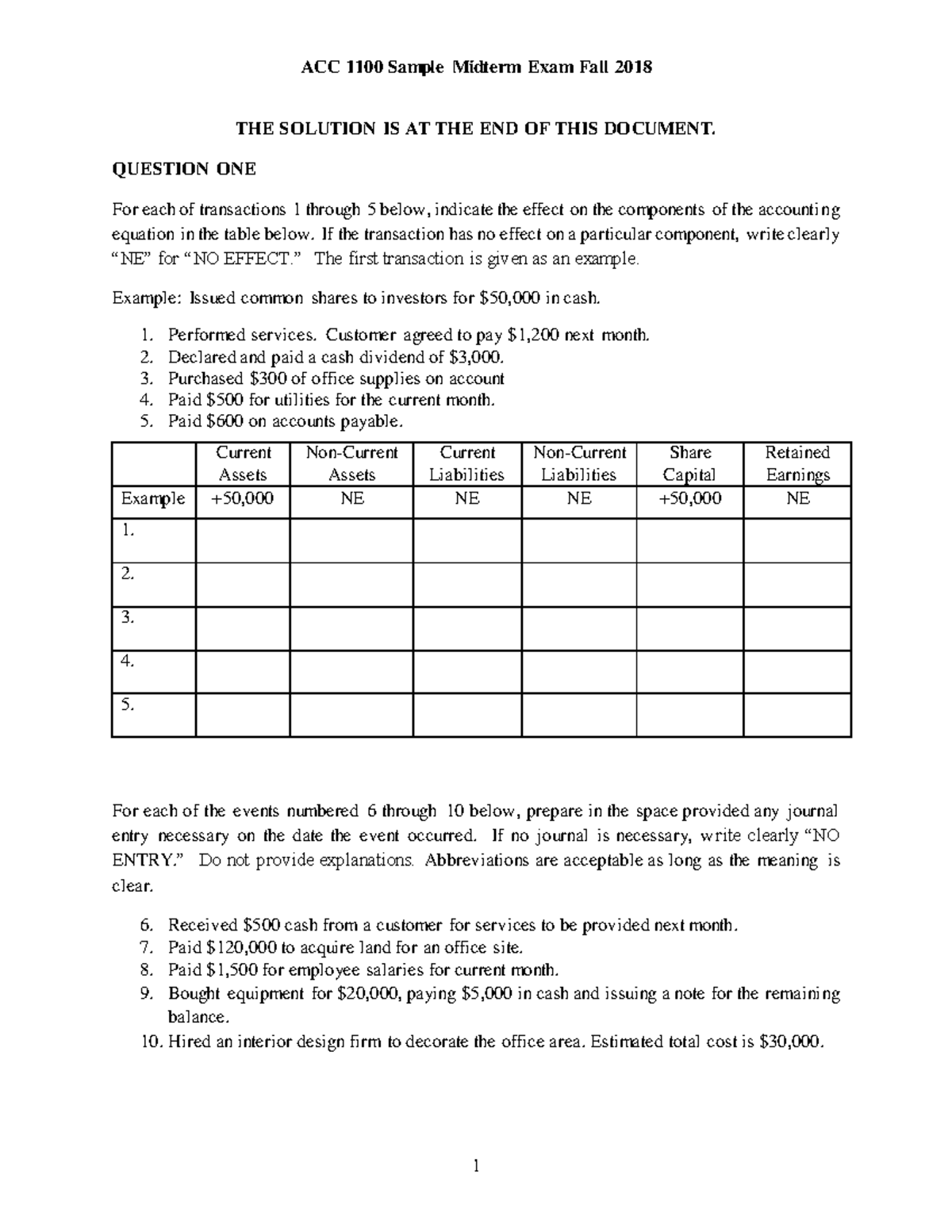 Midterm exam, questions and answers - ACC 1100 Sample Midterm Exam Fall ...