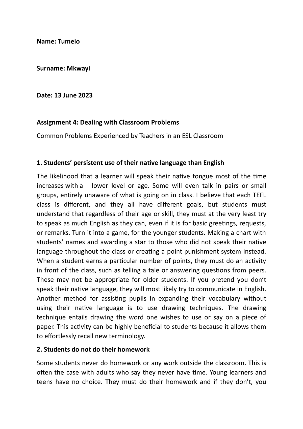 assignment 4 dealing with classroom problems