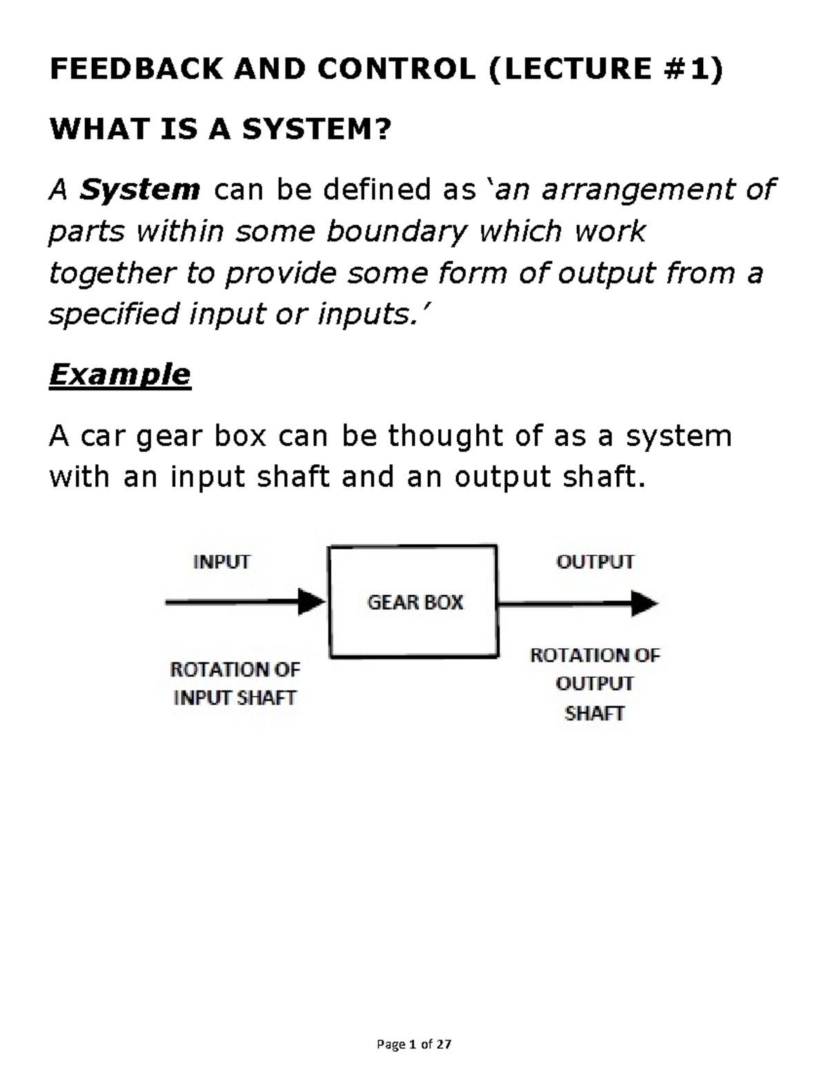 Feedback and Control Lecture No FEEDBACK AND CONTROL (LECTURE 1