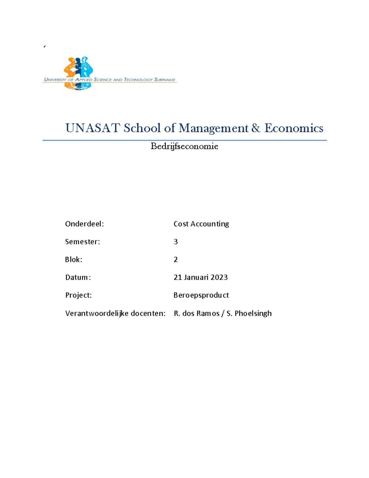 CA Project 2023 - Opdracht - ‘ UNASAT School of Management & Economics ...