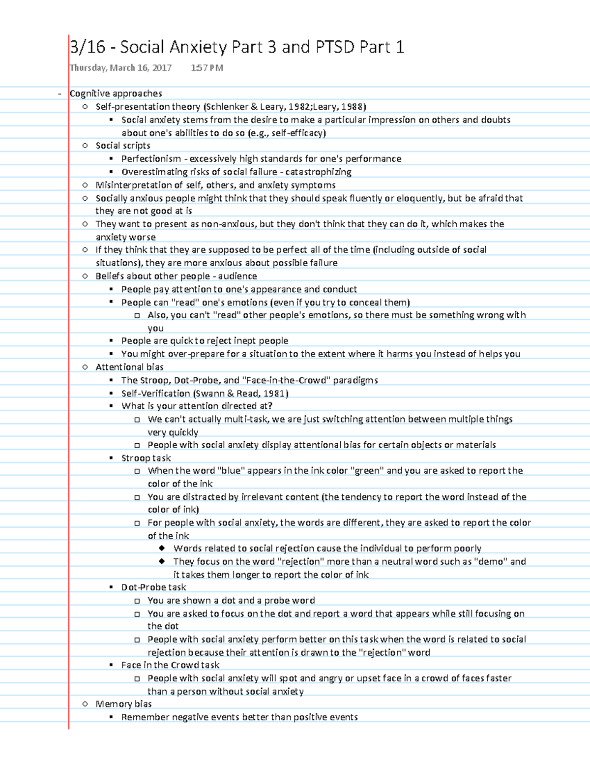 PSY422 3-16-17 Notes - Social Anxiety Part 3 and PTSD Part 1 Thursday ...
