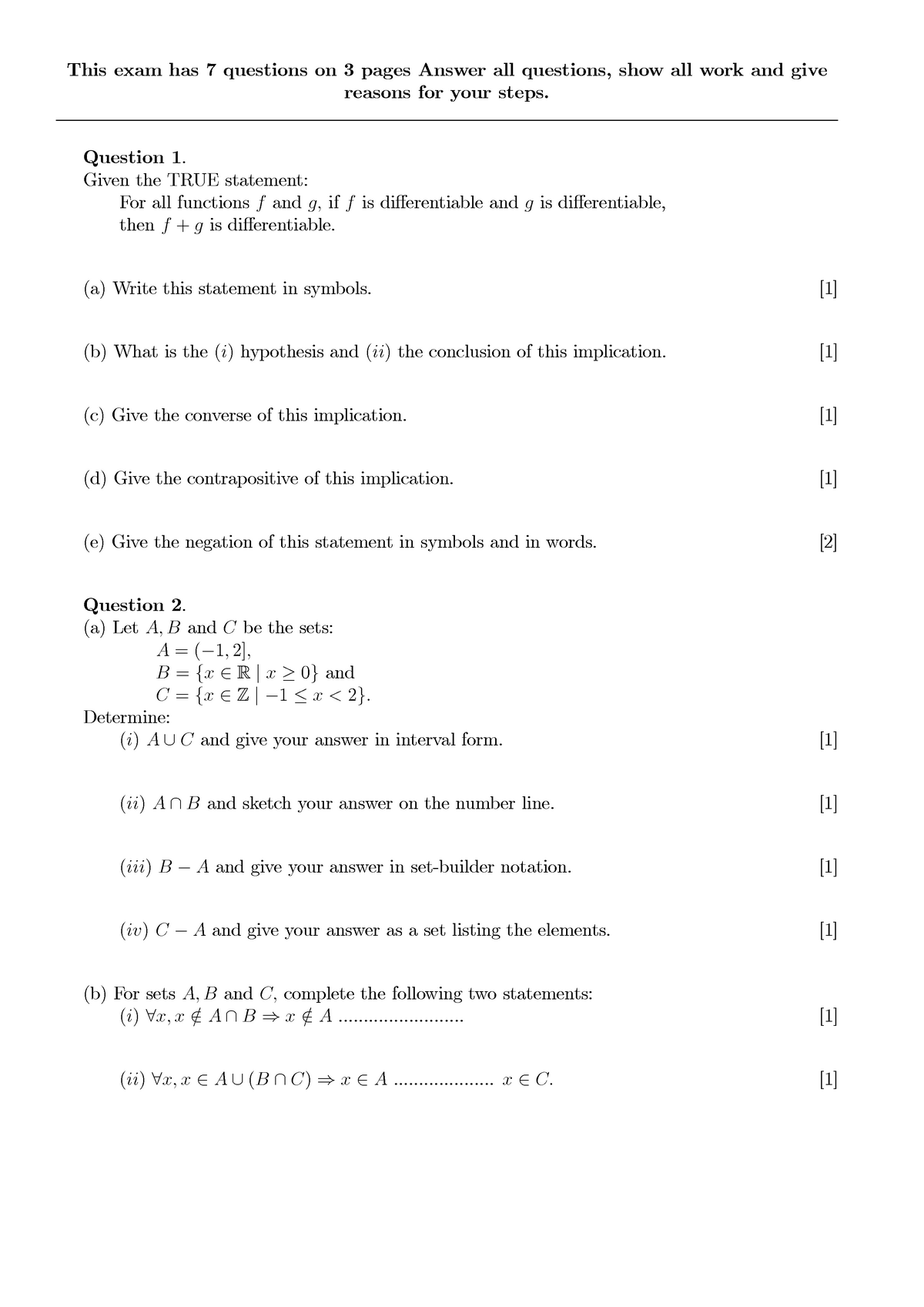 Exam 2017, questions - This exam has 7 questions on 3 pages Answer all ...