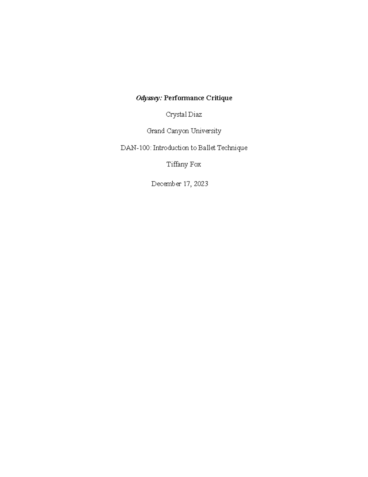 Performan Critque Ballet Modern 2 - Odyssey: Performance Critique ...