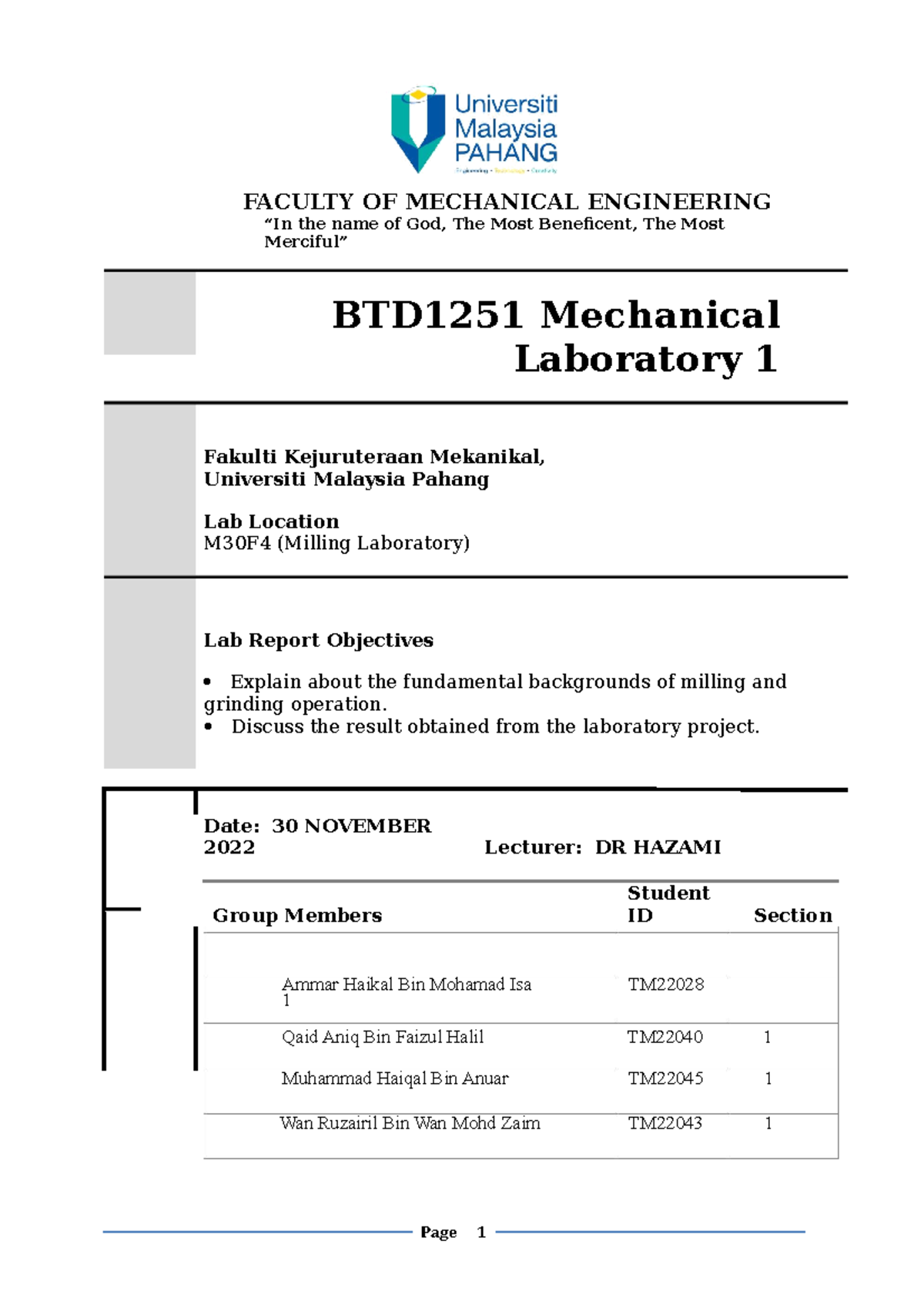 333814838 Report of Milling Project Lab 2 FACULTY OF MECHANICAL