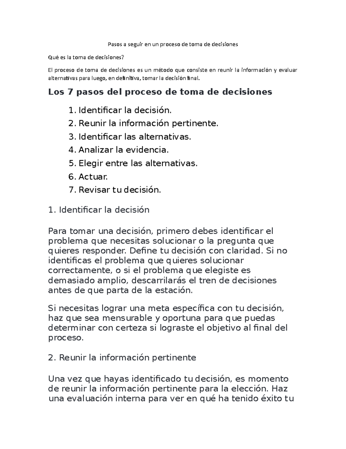 Pasos a seguir en un proceso de toma de decisiones - Los 7 pasos del ...