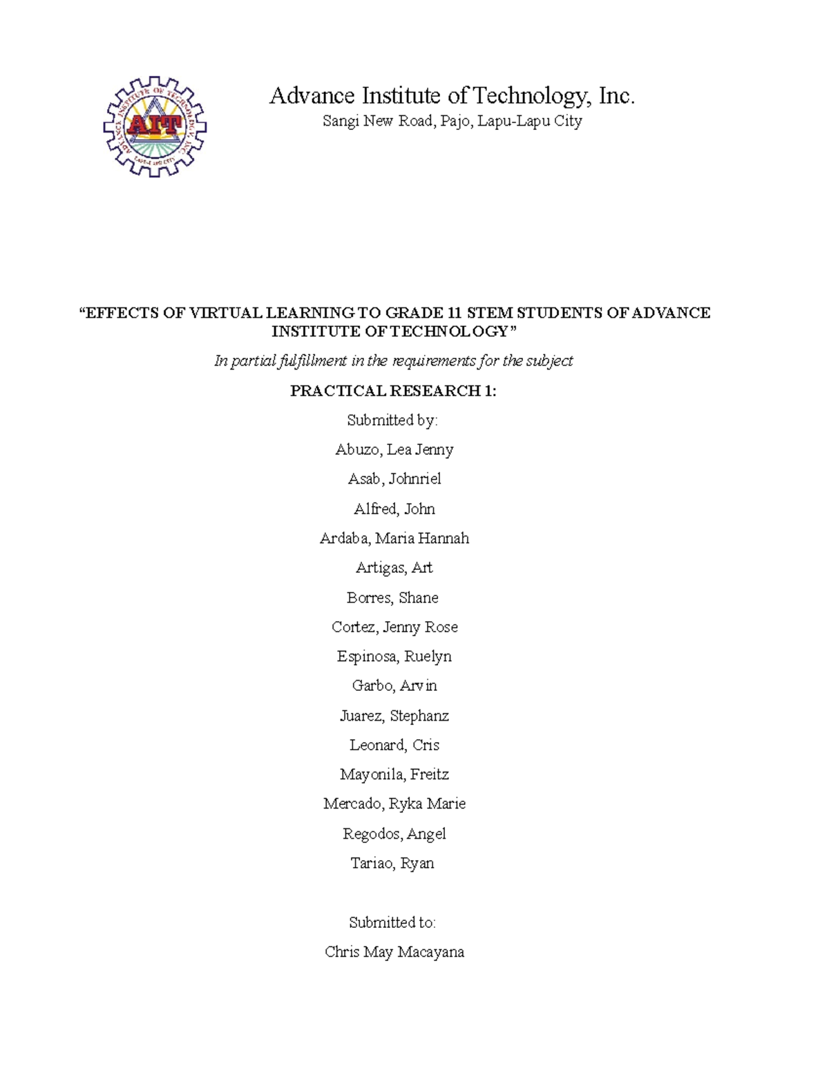Draft Chapter III 1 - “EFFECTS OF VIRTUAL LEARNING TO GRADE 11 STEM ...