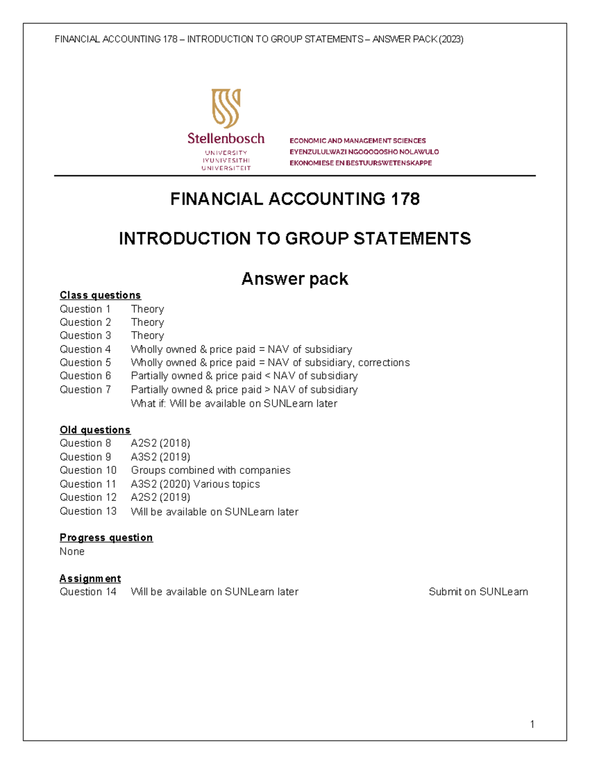 4. Introduction to group statements - answer pack - 2024 - FINANCIAL ...