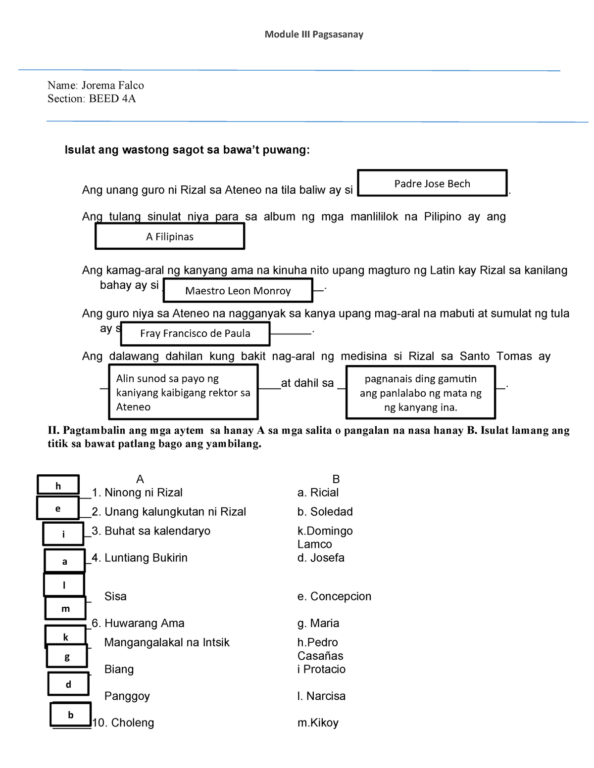 Module-3-pagsasanay - Rizal - Module III Pagsasanay Name: Jorema Falco ...