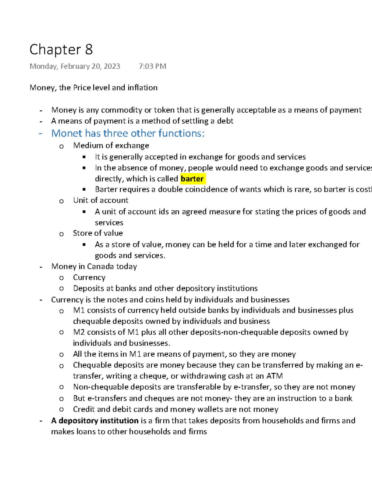 Chapter 8 - Lecture notes - Money, the Price level and inflation Money ...