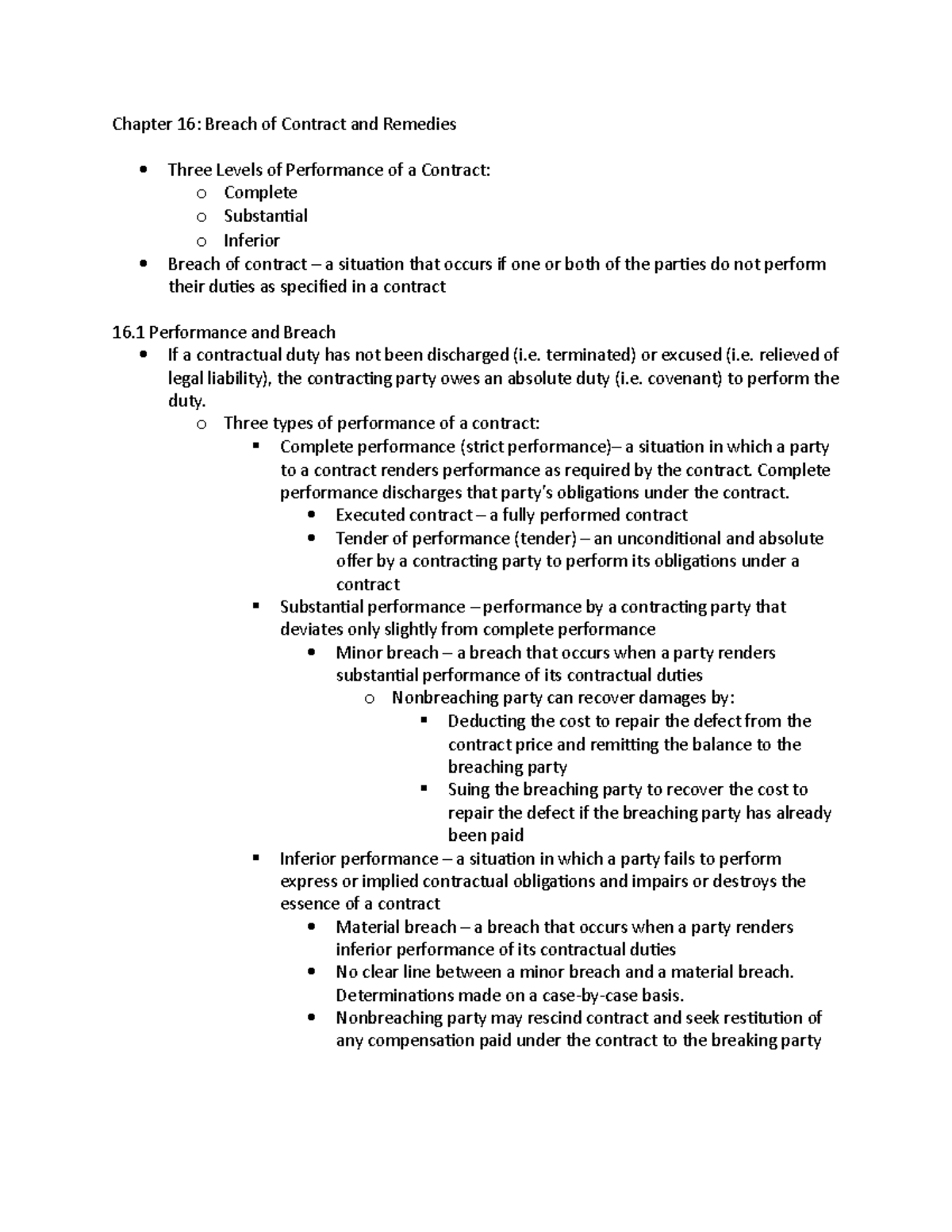 Chapter 16- Breach of Contract and Remedies - terminated) or excused (i ...