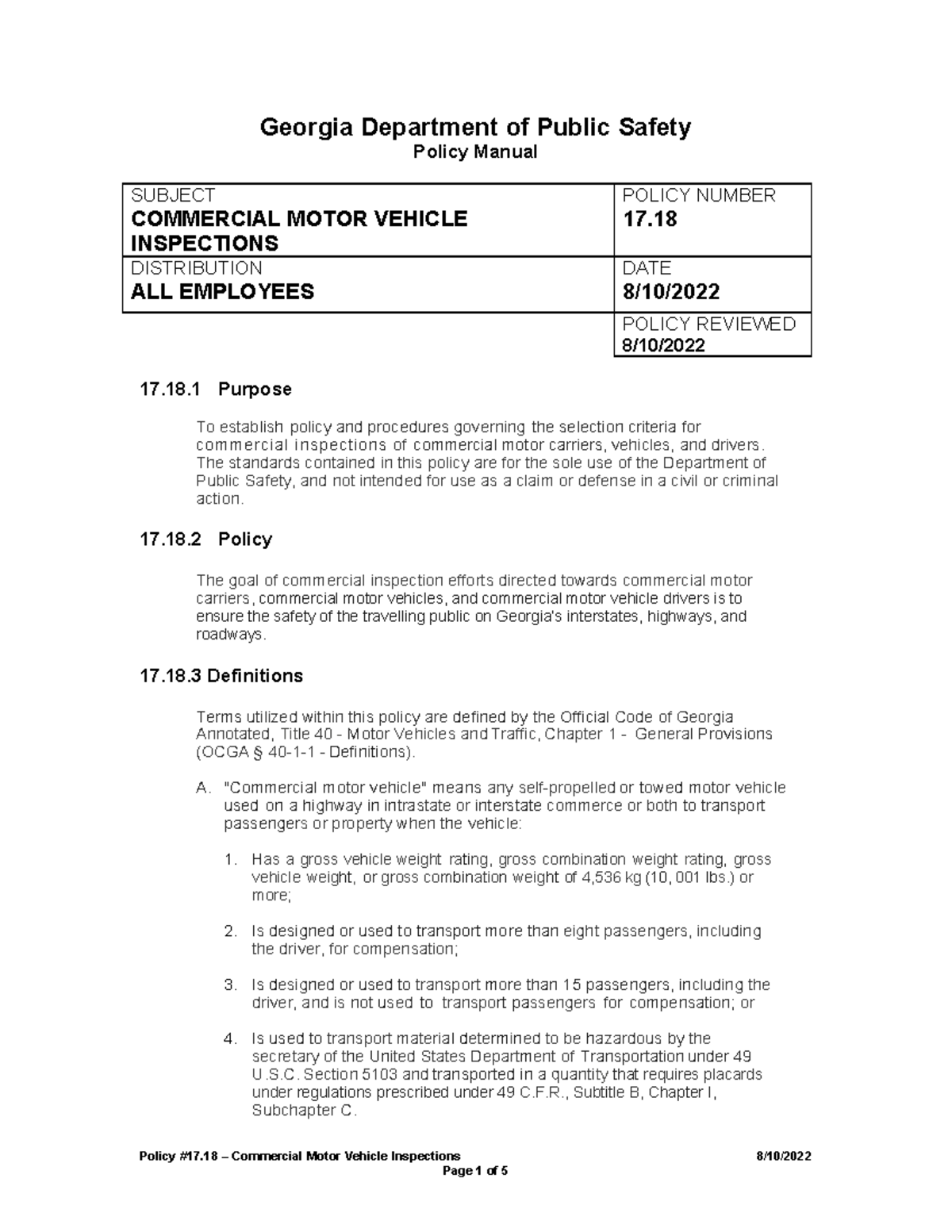 17.18 Commercial Motor Vehicle Inspections - DISTRIBUTION ALL EMPLOYEES ...
