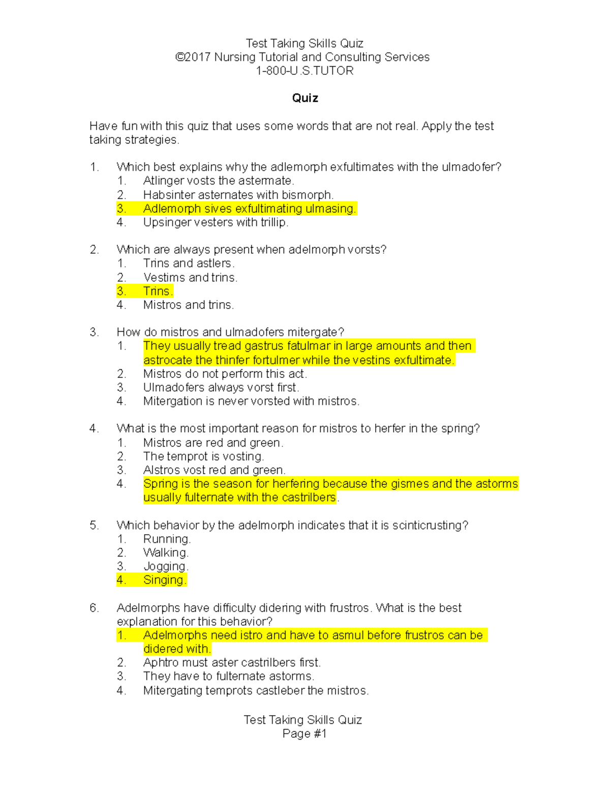 PN 01 Test Taking Quiz 2017 - Test Taking Skills Quiz ©2017 Nursing ...