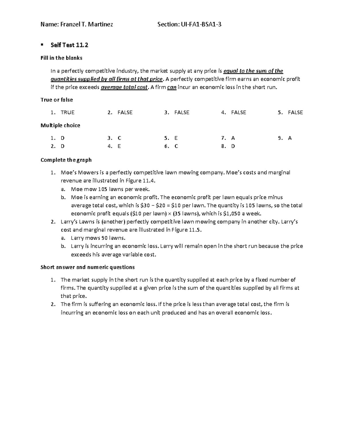 How Output, Price, and Profit are Determined in the Short-Run (Self ...