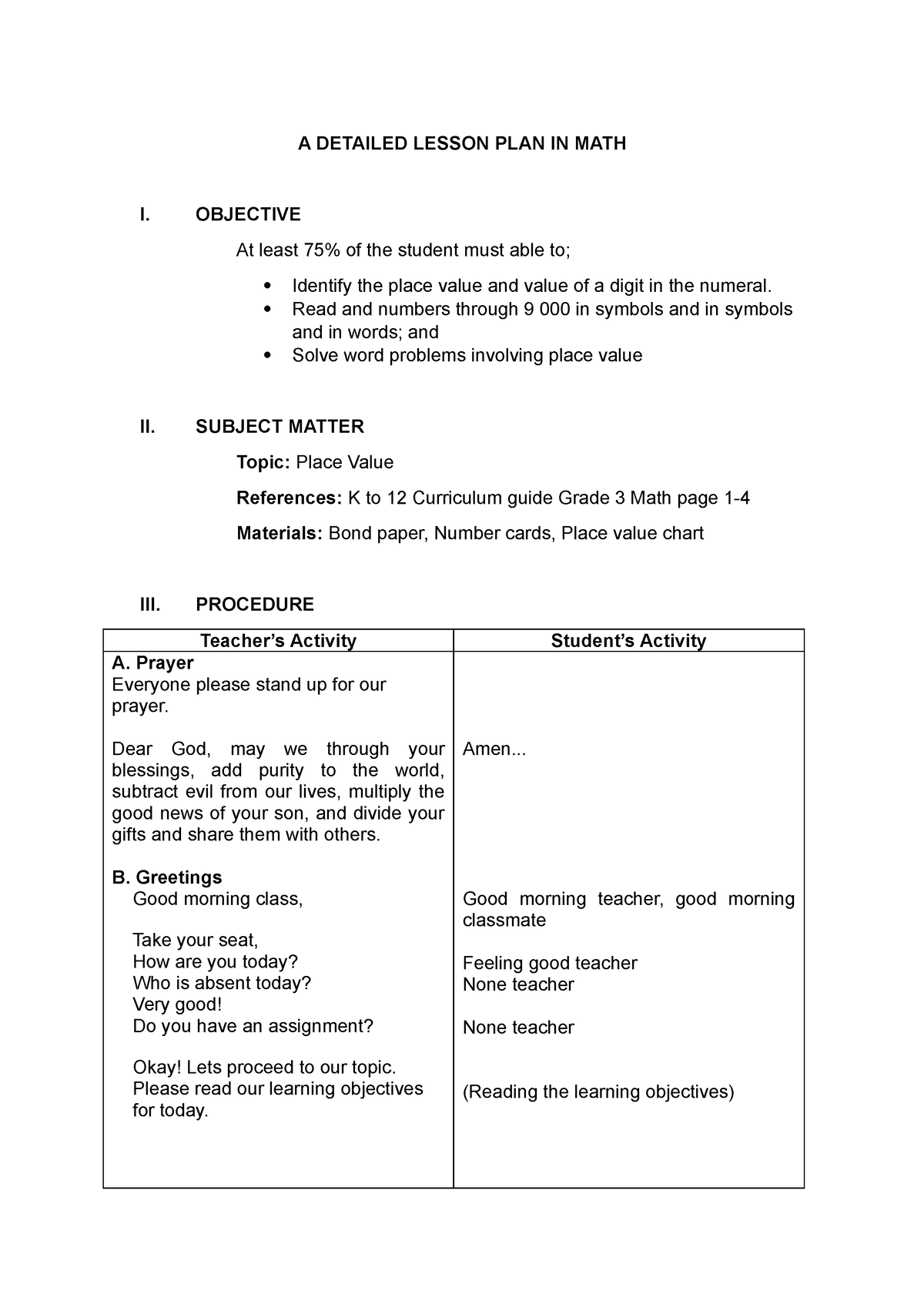 Detailed Lesson Plan In Math About Place Value A DETAILED LESSON PLAN 