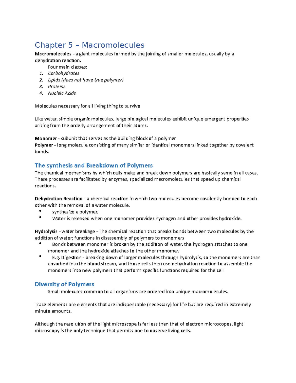 Chapter 5 Macromolecules - Chapter 5 – Macromolecules Macromolecules ...