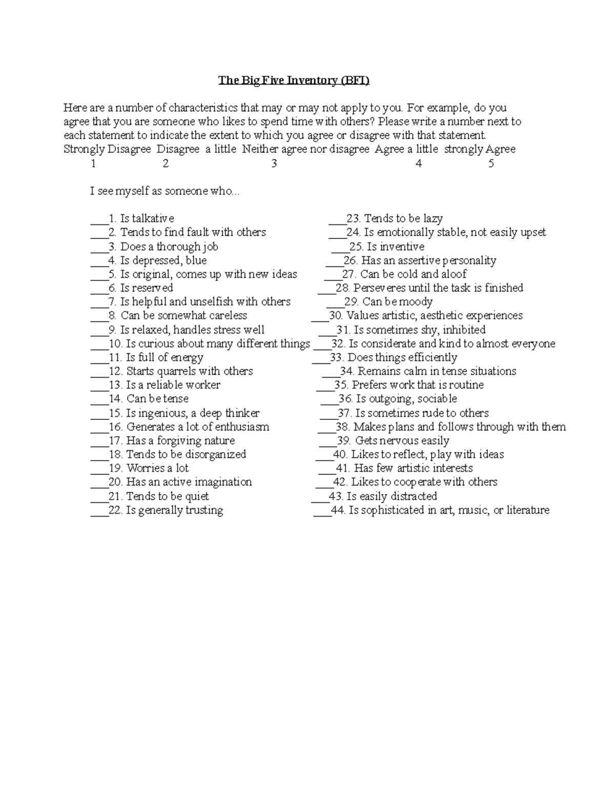 Big Five Personality Test The Big Five Inventory Bfi Here Are A Number Of Characteristics 7145