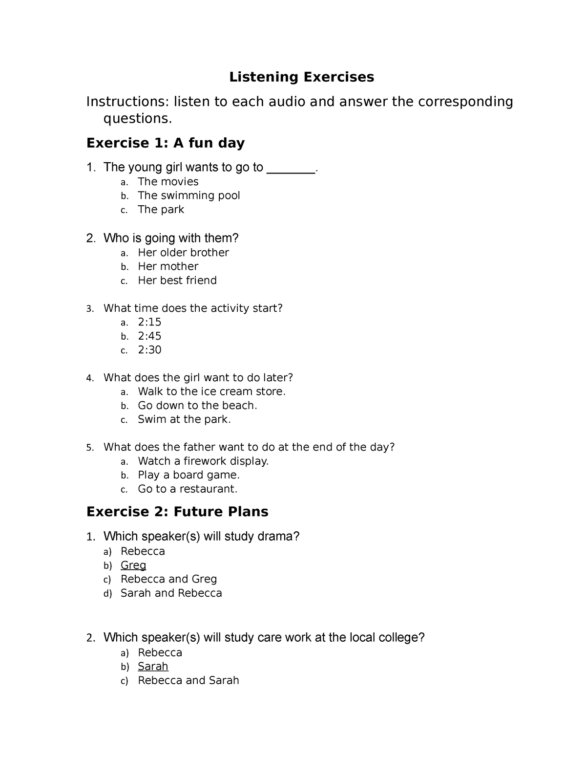 Listening Exercises Worksheet Listening Exercises Instructions 