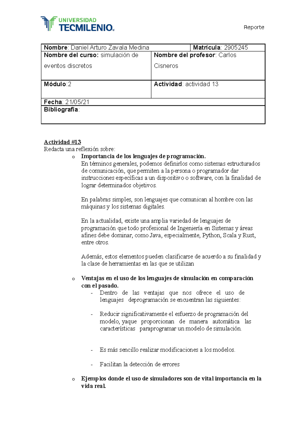 Simulacion de eventos discretos actividad 13 - Reporte Nombre : Daniel ...