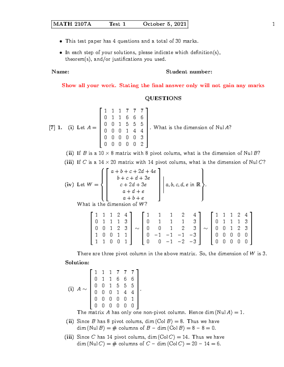 MATH 2107 Test1 Solns F2021 - This Test Paper Has 4 Questions And A ...