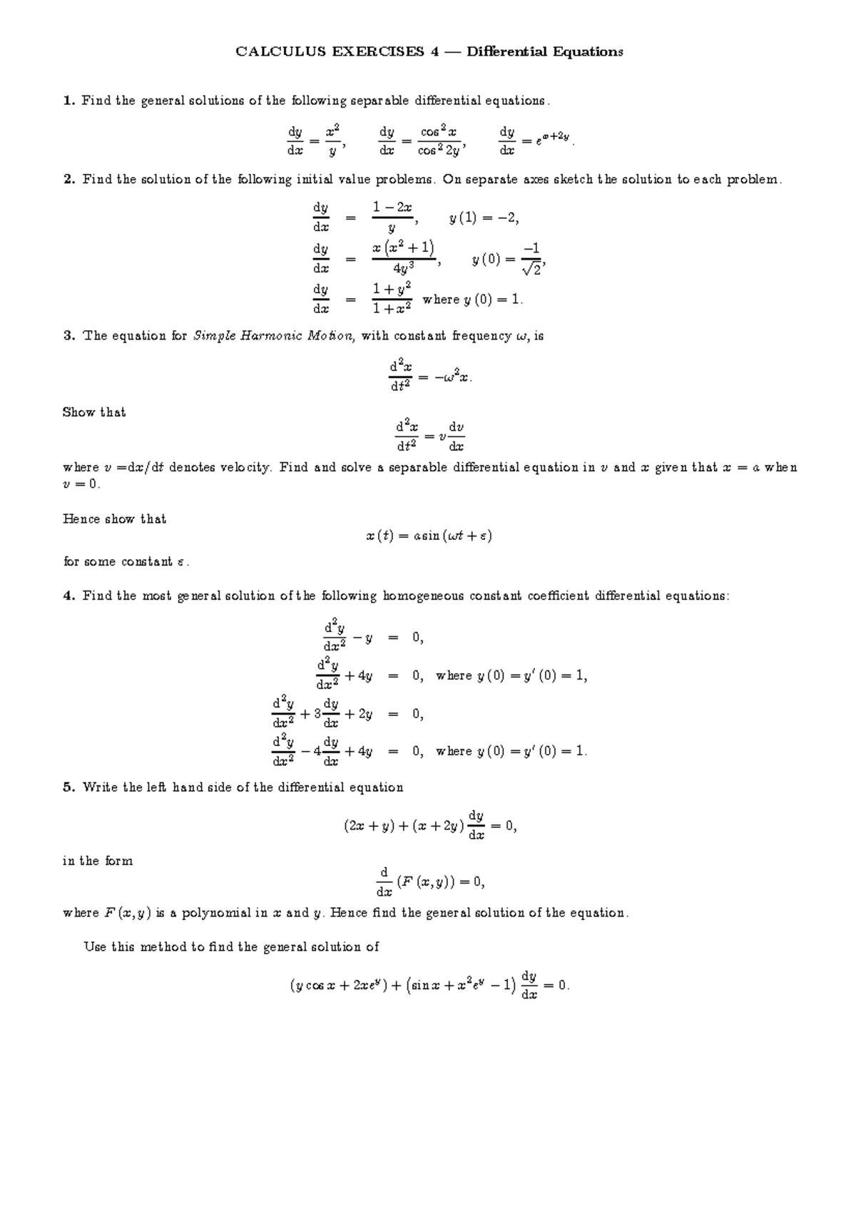 Calculus 4 - CALCULUS EXERCISES 4 – Differential Equations 1 the ...