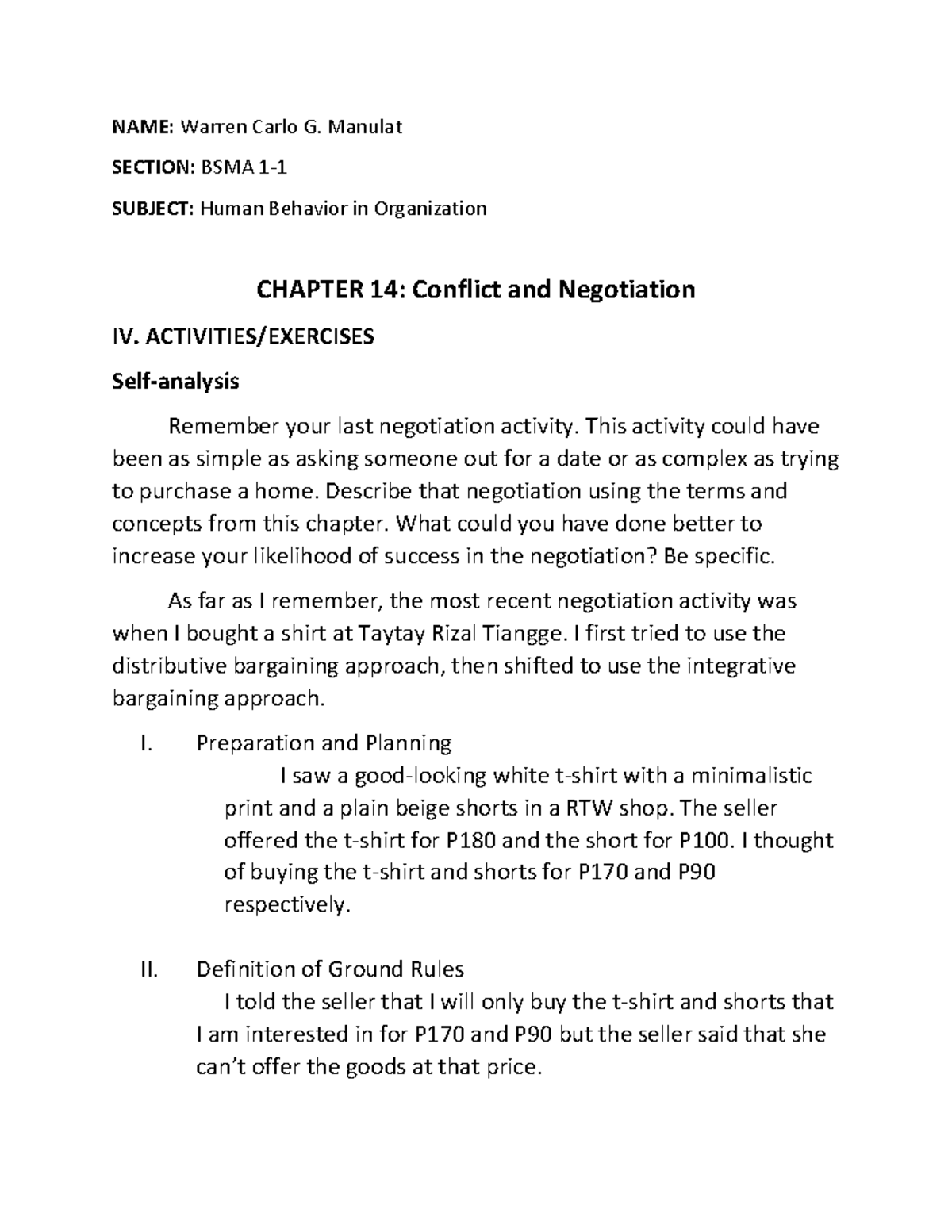 14- human behavior in organization assignment - NAME: Warren Carlo G ...