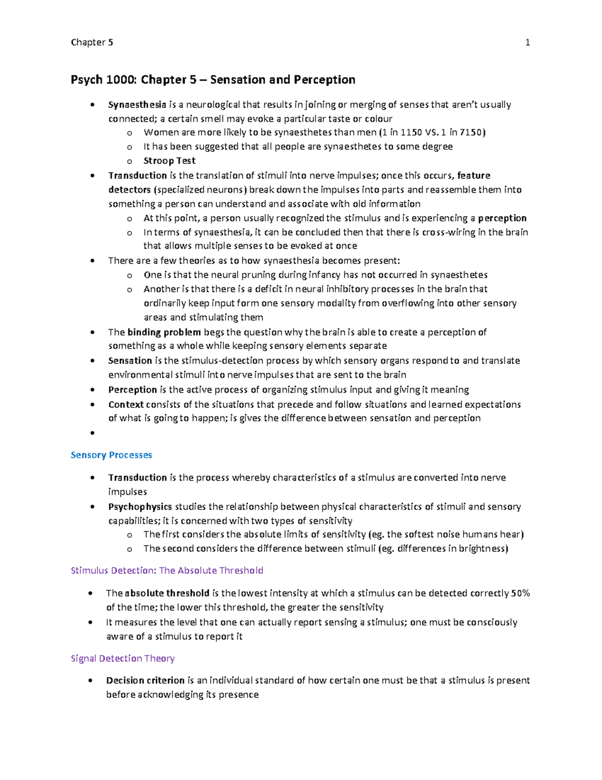 Chapter 5 - Psych 1000: Chapter 5 – Sensation and Perception ...