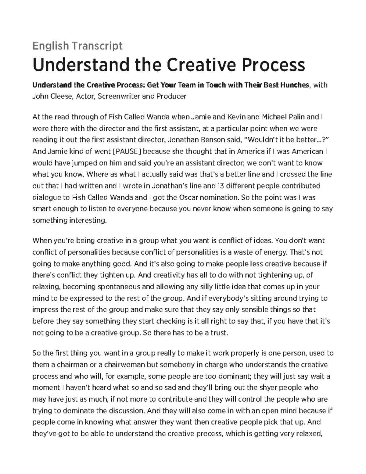 Understand the Creative process - English Transcript Understand the ...