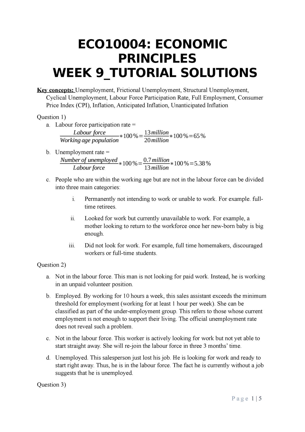 Week 9 Tutorial Solutions-1 - ECO10004: ECONOMIC PRINCIPLES WEEK 9 ...